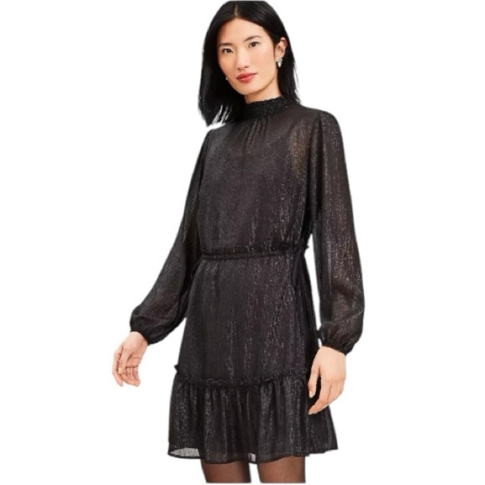 Ann Taylor LOFT Petite Smocked Neck Tiered Swing Dress classy shimmer sparkly XS
